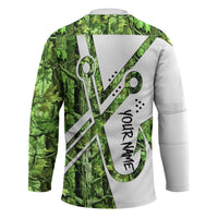 Custom Fishing Hook Hockey Jersey with Green Jungle Leaf Pattern and White Split Design - Wonder Print Shop