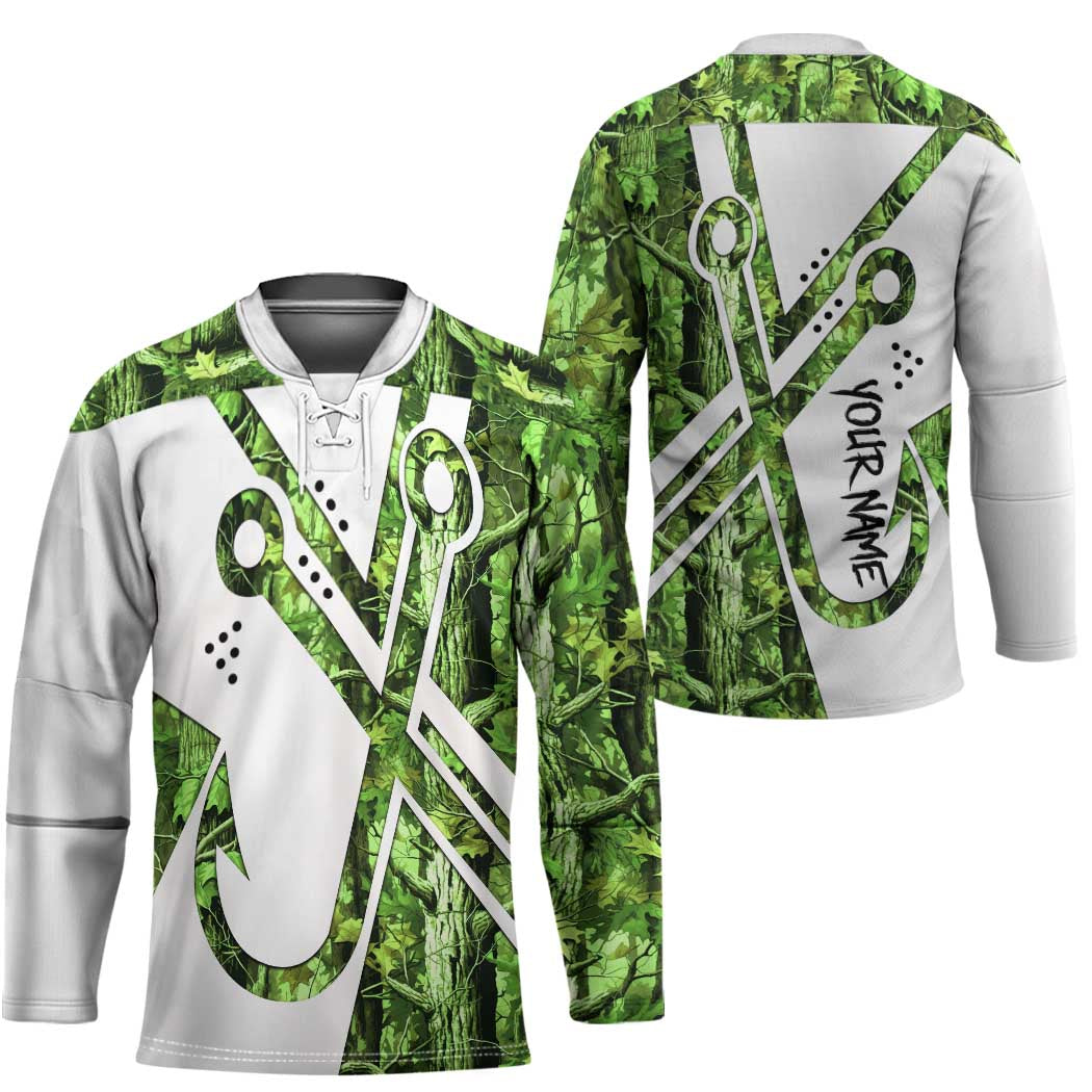 Custom Fishing Hook Hockey Jersey with Green Jungle Leaf Pattern and White Split Design - Wonder Print Shop