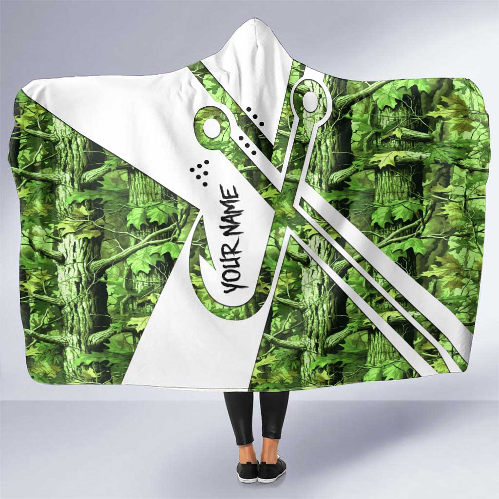 Custom Fishing Hook Hooded Blanket with Green Jungle Leaf Pattern and White Split Design - Wonder Print Shop