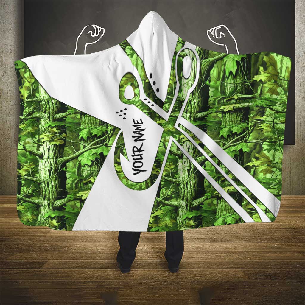 Custom Fishing Hook Hooded Blanket with Green Jungle Leaf Pattern and White Split Design - Wonder Print Shop