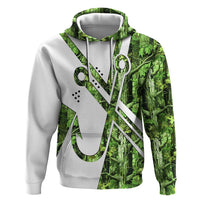 Custom Fishing Hook Hoodie with Green Jungle Leaf Pattern and White Split Design - Wonder Print Shop
