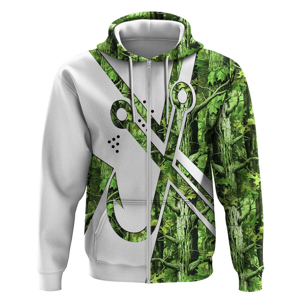 Custom Fishing Hook Hoodie with Green Jungle Leaf Pattern and White Split Design - Wonder Print Shop