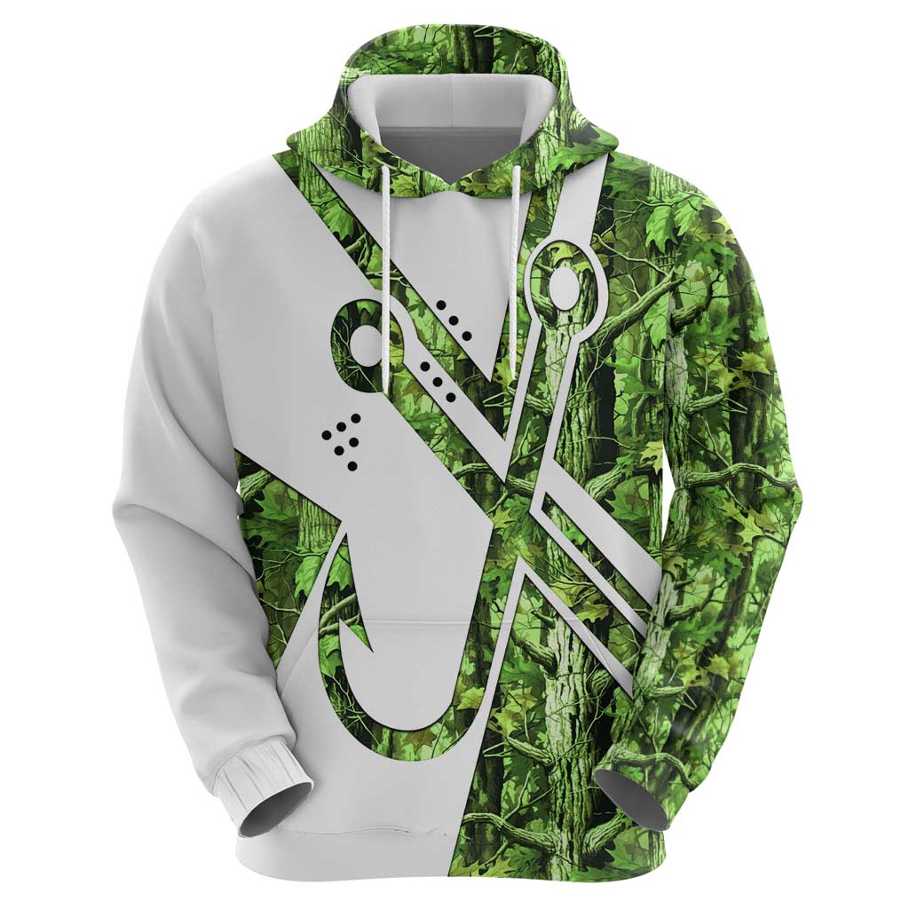 Custom Fishing Hook Hoodie with Green Jungle Leaf Pattern and White Split Design - Wonder Print Shop