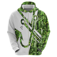 Custom Fishing Hook Hoodie with Green Jungle Leaf Pattern and White Split Design - Wonder Print Shop