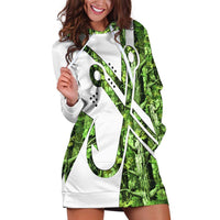 Custom Fishing Hook Hoodie Dress with Green Jungle Leaf Pattern and White Split Design - Wonder Print Shop