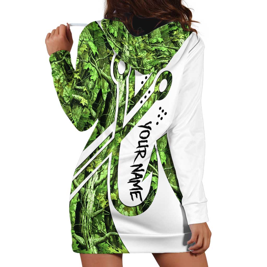 Custom Fishing Hook Hoodie Dress with Green Jungle Leaf Pattern and White Split Design - Wonder Print Shop