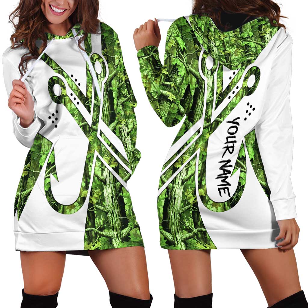 Custom Fishing Hook Hoodie Dress with Green Jungle Leaf Pattern and White Split Design - Wonder Print Shop