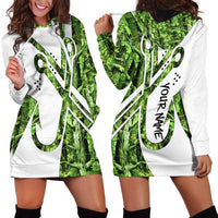 Custom Fishing Hook Hoodie Dress with Green Jungle Leaf Pattern and White Split Design - Wonder Print Shop