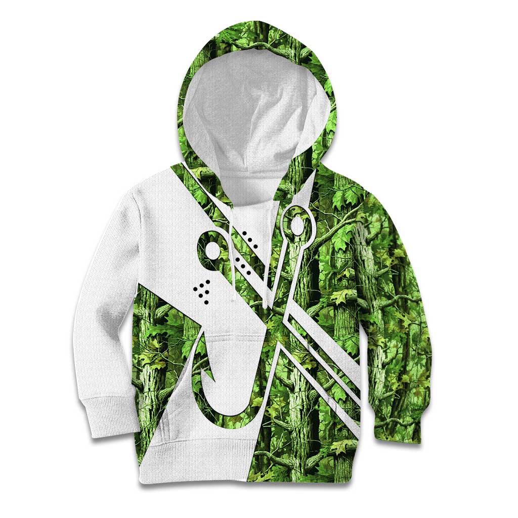Custom Fishing Hook Kid Hoodie with Green Jungle Leaf Pattern and White Split Design - Wonder Print Shop