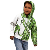 Custom Fishing Hook Kid Hoodie with Green Jungle Leaf Pattern and White Split Design - Wonder Print Shop