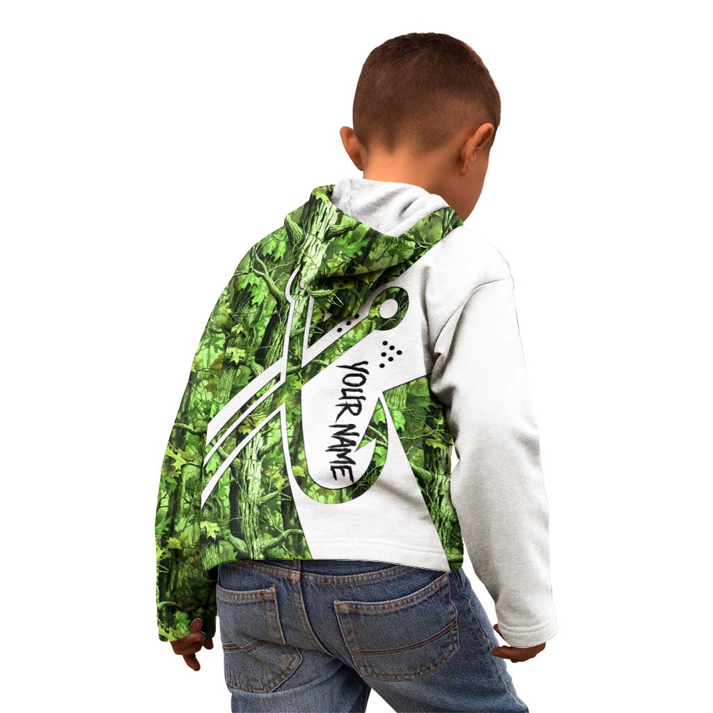 Custom Fishing Hook Kid Hoodie with Green Jungle Leaf Pattern and White Split Design - Wonder Print Shop