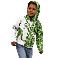 Custom Fishing Hook Kid Hoodie with Green Jungle Leaf Pattern and White Split Design - Wonder Print Shop