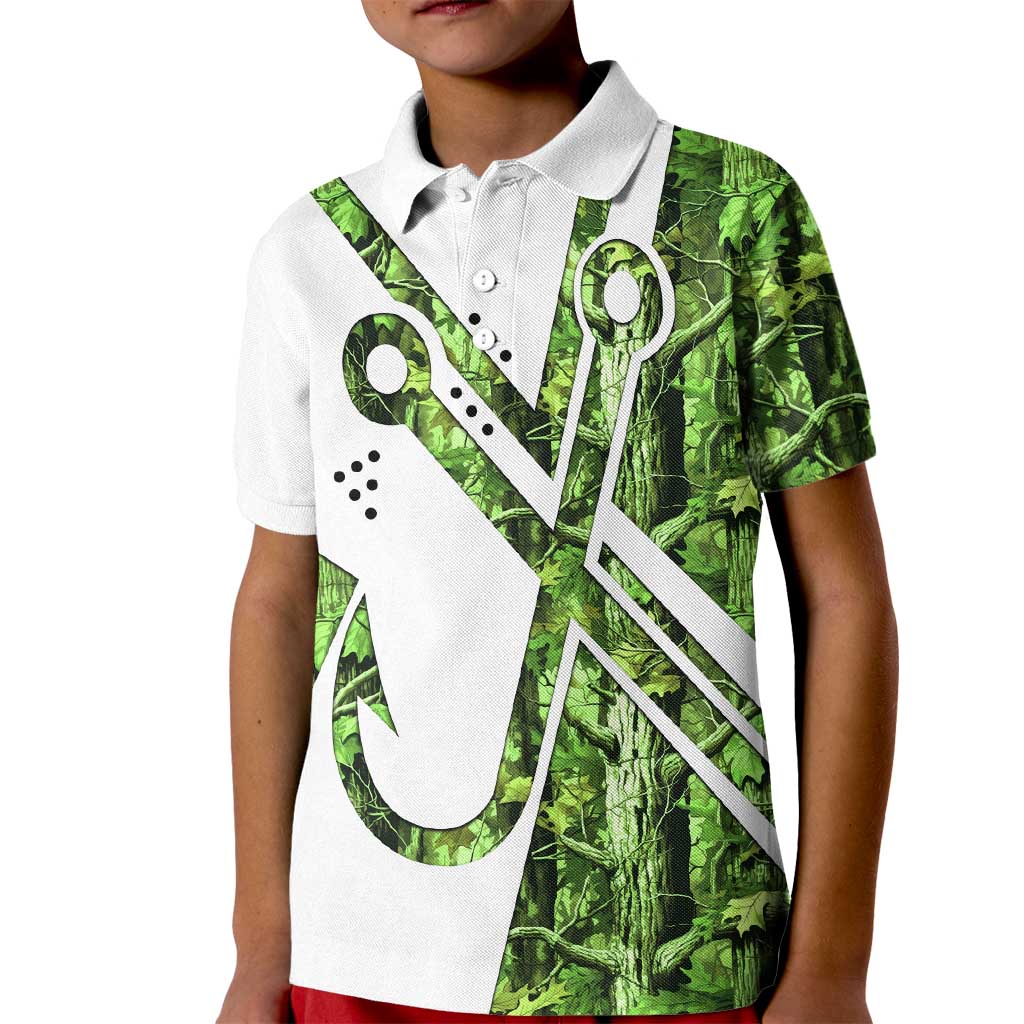 Custom Fishing Hook Kid Polo Shirt with Green Jungle Leaf Pattern and White Split Design - Wonder Print Shop