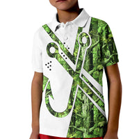 Custom Fishing Hook Kid Polo Shirt with Green Jungle Leaf Pattern and White Split Design - Wonder Print Shop