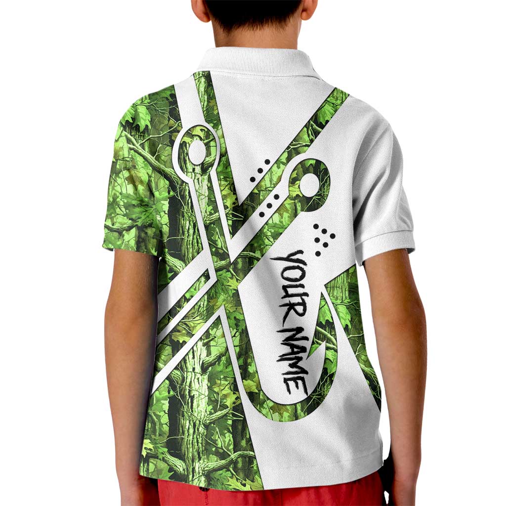Custom Fishing Hook Kid Polo Shirt with Green Jungle Leaf Pattern and White Split Design - Wonder Print Shop