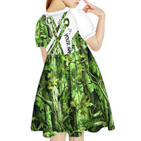 Custom Fishing Hook Kid Short Sleeve Dress with Green Jungle Leaf Pattern and White Split Design - Wonder Print Shop