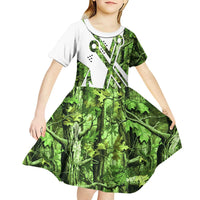 Custom Fishing Hook Kid Short Sleeve Dress with Green Jungle Leaf Pattern and White Split Design - Wonder Print Shop