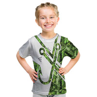 Custom Fishing Hook Kid T Shirt with Green Jungle Leaf Pattern and White Split Design - Wonder Print Shop