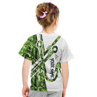 Custom Fishing Hook Kid T Shirt with Green Jungle Leaf Pattern and White Split Design - Wonder Print Shop