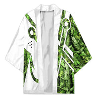 Custom Fishing Hook Kimono with Green Jungle Leaf Pattern and White Split Design - Wonder Print Shop