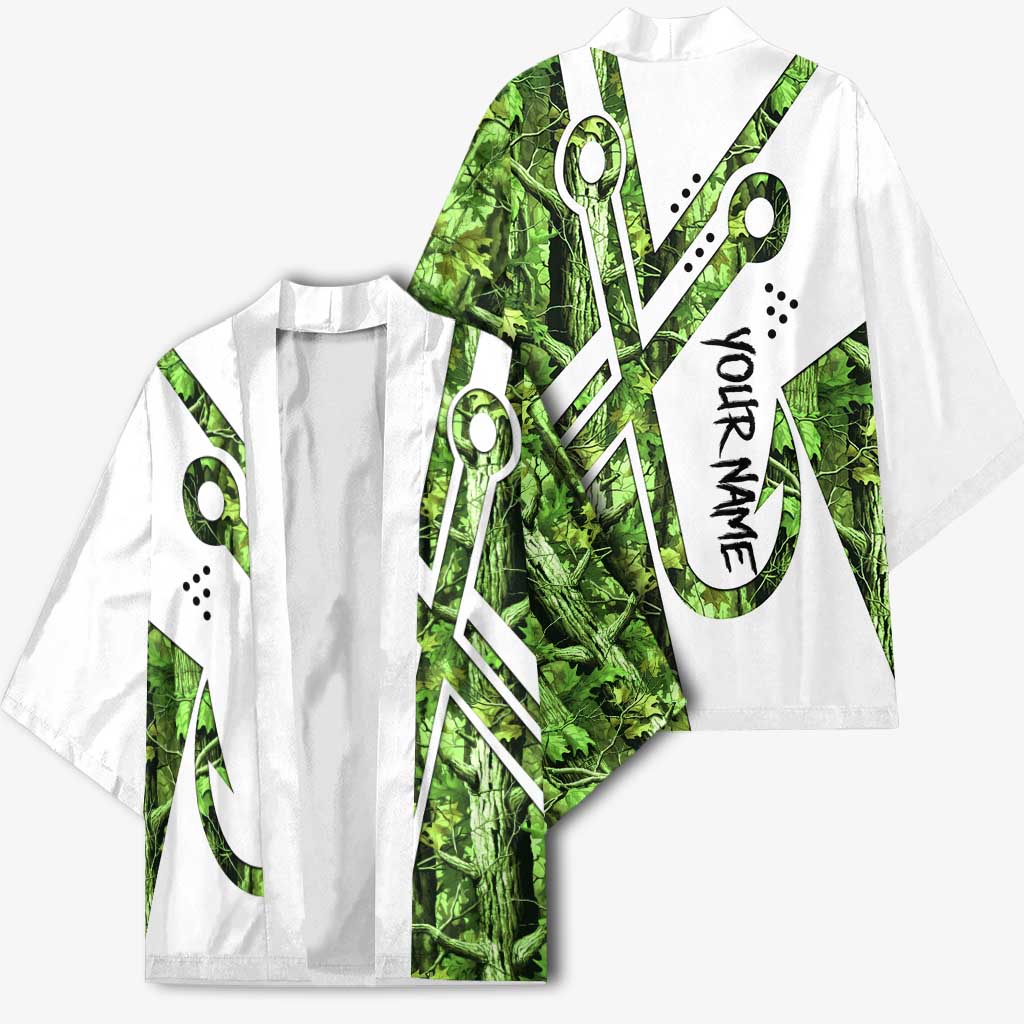 Custom Fishing Hook Kimono with Green Jungle Leaf Pattern and White Split Design - Wonder Print Shop