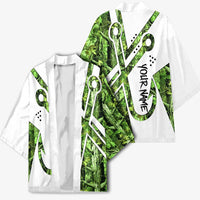Custom Fishing Hook Kimono with Green Jungle Leaf Pattern and White Split Design - Wonder Print Shop