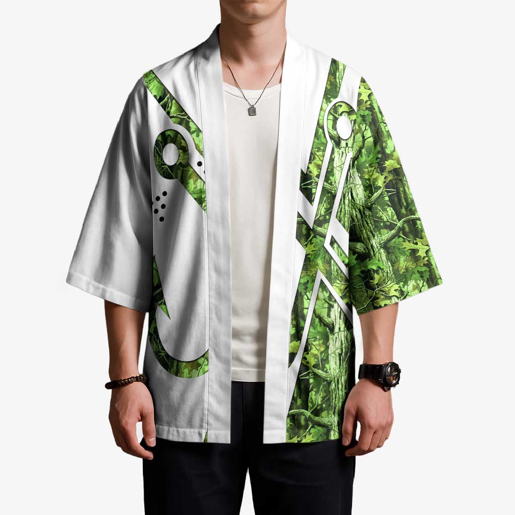 Custom Fishing Hook Kimono with Green Jungle Leaf Pattern and White Split Design - Wonder Print Shop