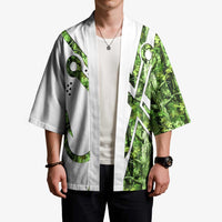 Custom Fishing Hook Kimono with Green Jungle Leaf Pattern and White Split Design - Wonder Print Shop
