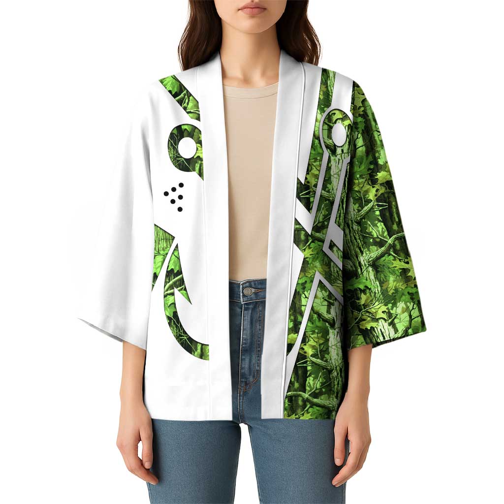 Custom Fishing Hook Kimono with Green Jungle Leaf Pattern and White Split Design - Wonder Print Shop