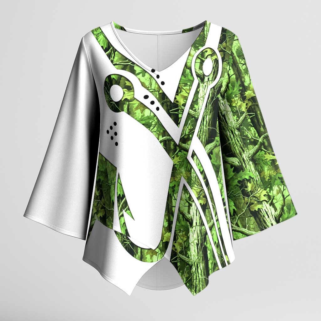 Custom Fishing Hook Kimono Sleeve Blouse with Green Jungle Leaf Pattern and White Split Design - Wonder Print Shop