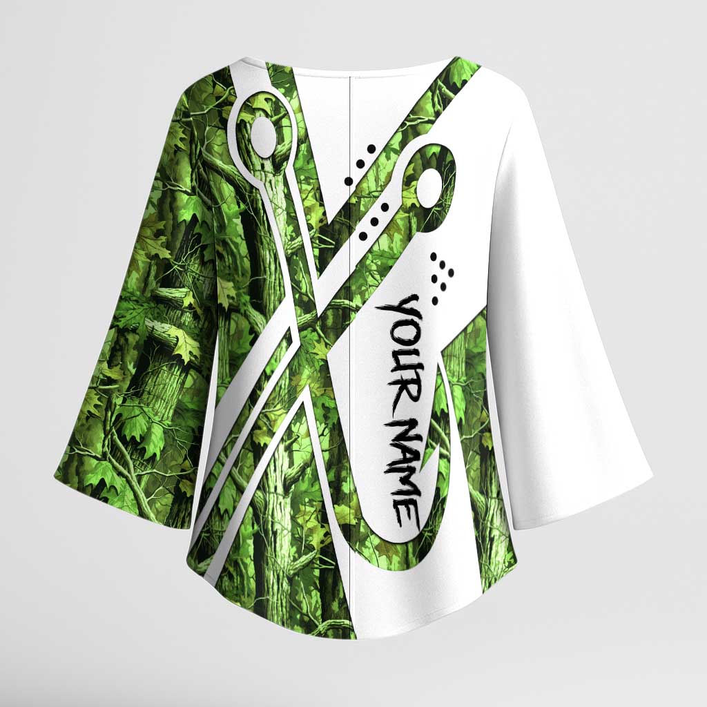 Custom Fishing Hook Kimono Sleeve Blouse with Green Jungle Leaf Pattern and White Split Design - Wonder Print Shop