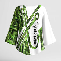 Custom Fishing Hook Kimono Sleeve Blouse with Green Jungle Leaf Pattern and White Split Design - Wonder Print Shop