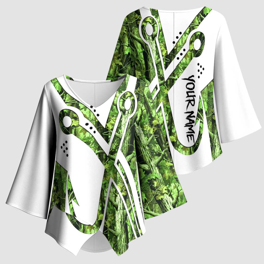 Custom Fishing Hook Kimono Sleeve Blouse with Green Jungle Leaf Pattern and White Split Design - Wonder Print Shop