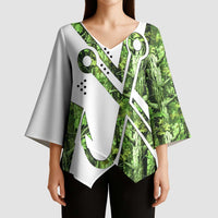 Custom Fishing Hook Kimono Sleeve Blouse with Green Jungle Leaf Pattern and White Split Design - Wonder Print Shop