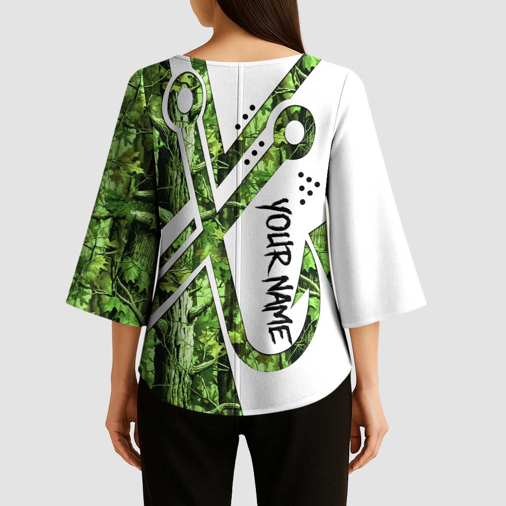 Custom Fishing Hook Kimono Sleeve Blouse with Green Jungle Leaf Pattern and White Split Design - Wonder Print Shop