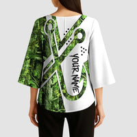 Custom Fishing Hook Kimono Sleeve Blouse with Green Jungle Leaf Pattern and White Split Design - Wonder Print Shop