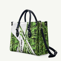 Custom Fishing Hook Leather Bag with Green Jungle Leaf Pattern and White Split Design - Wonder Print Shop