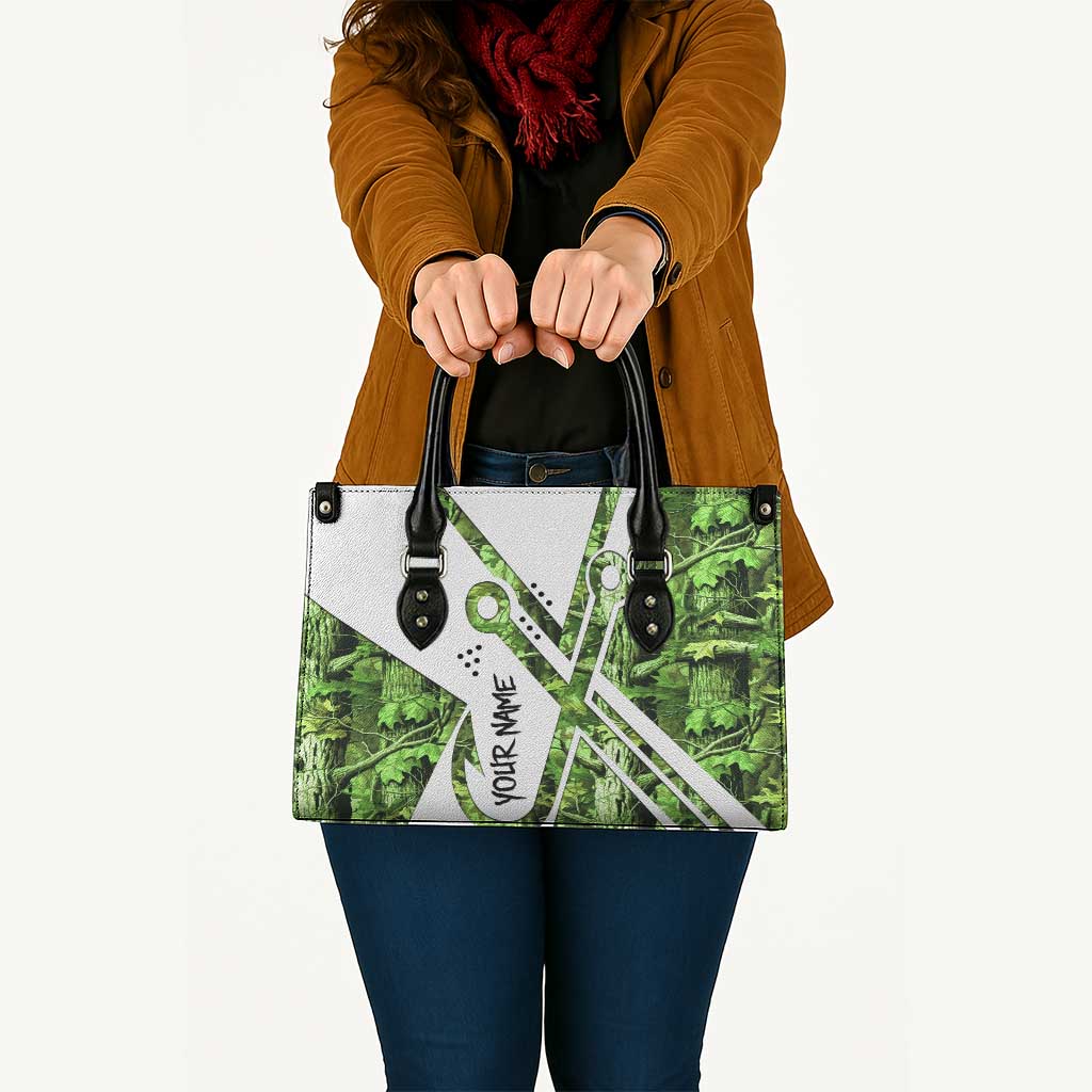 Custom Fishing Hook Leather Bag with Green Jungle Leaf Pattern and White Split Design - Wonder Print Shop