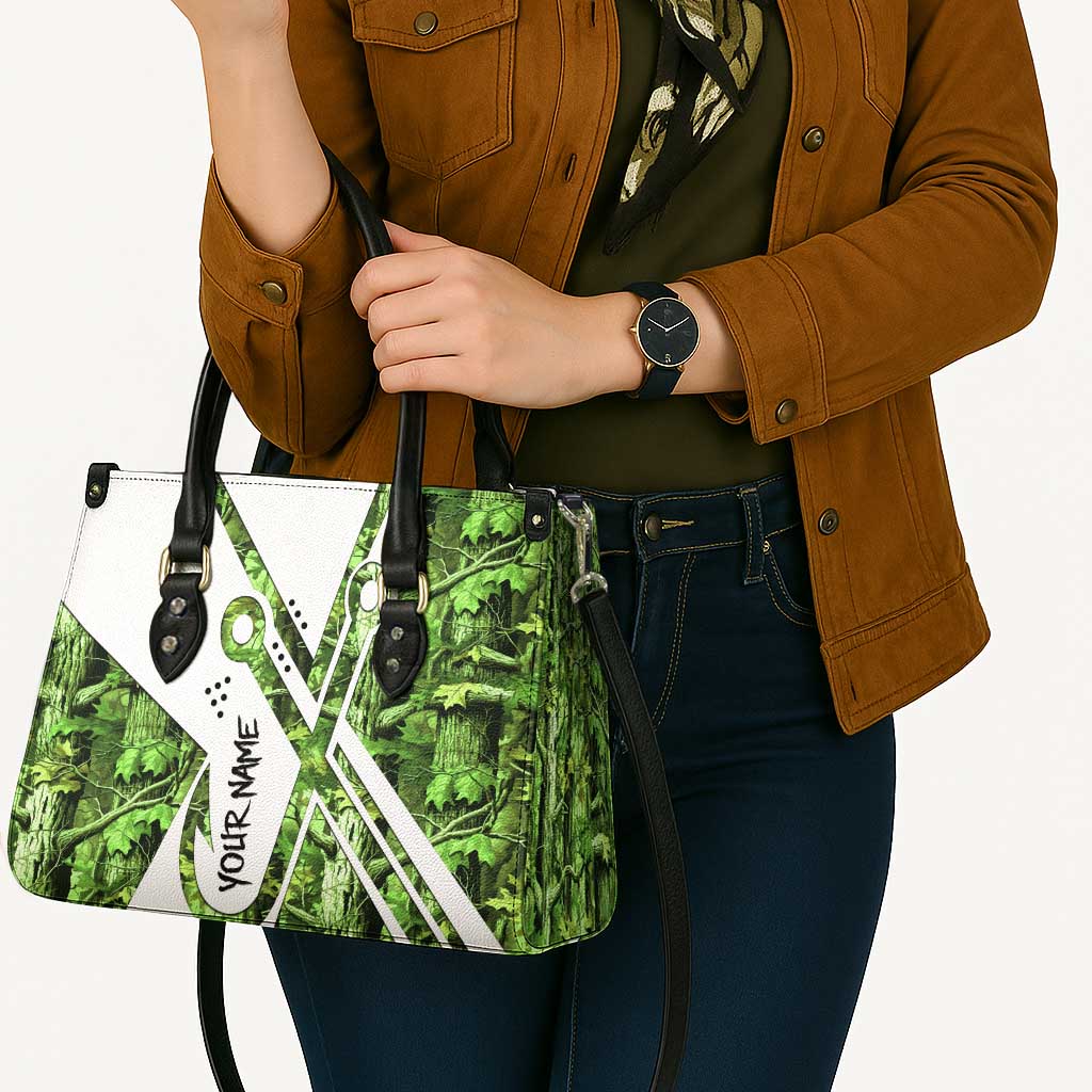 Custom Fishing Hook Leather Bag with Green Jungle Leaf Pattern and White Split Design - Wonder Print Shop