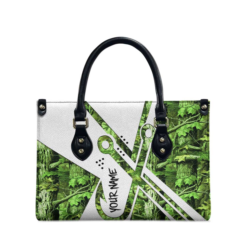 Custom Fishing Hook Leather Bag with Green Jungle Leaf Pattern and White Split Design - Wonder Print Shop