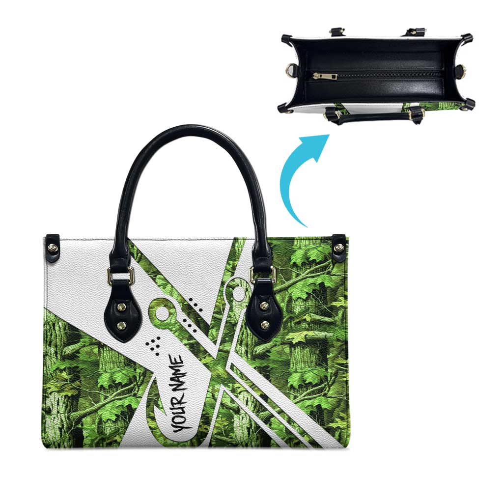 Custom Fishing Hook Leather Bag with Green Jungle Leaf Pattern and White Split Design - Wonder Print Shop