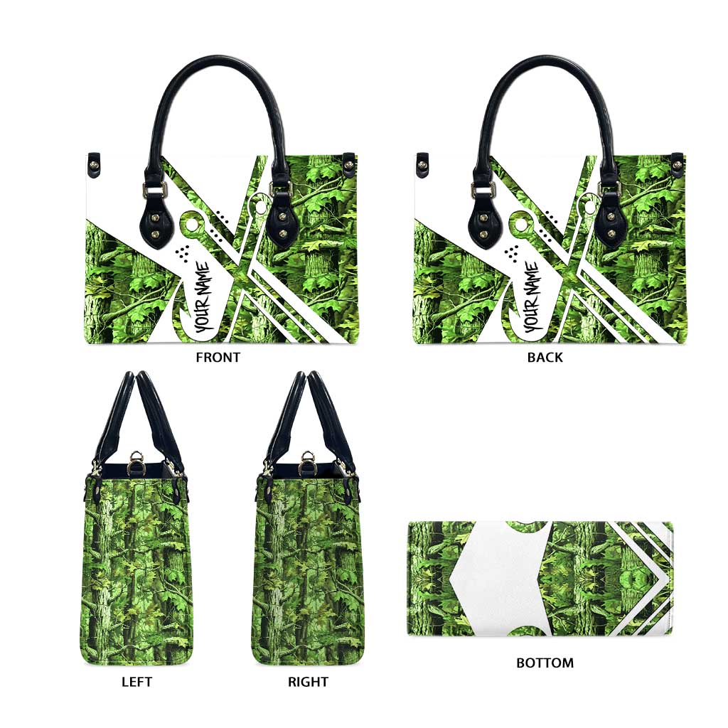 Custom Fishing Hook Leather Bag with Green Jungle Leaf Pattern and White Split Design - Wonder Print Shop