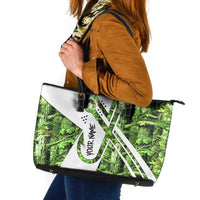 Custom Fishing Hook Leather Tote Bag with Green Jungle Leaf Pattern and White Split Design - Wonder Print Shop