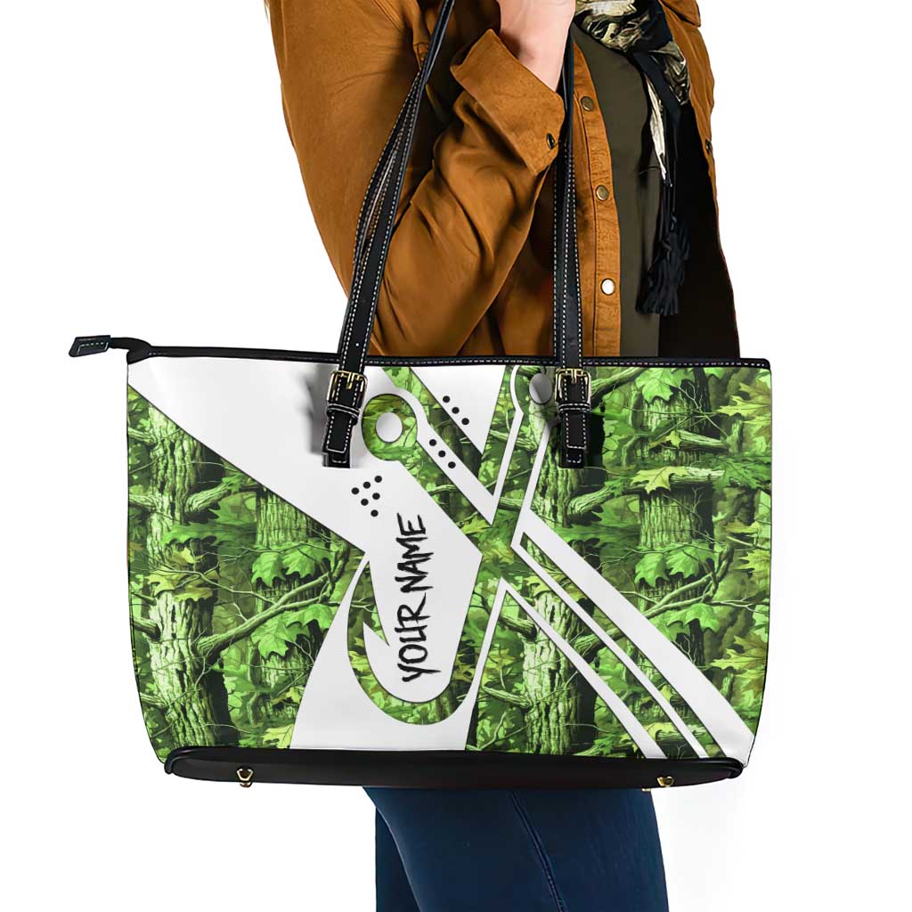Custom Fishing Hook Leather Tote Bag with Green Jungle Leaf Pattern and White Split Design - Wonder Print Shop