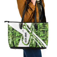 Custom Fishing Hook Leather Tote Bag with Green Jungle Leaf Pattern and White Split Design - Wonder Print Shop