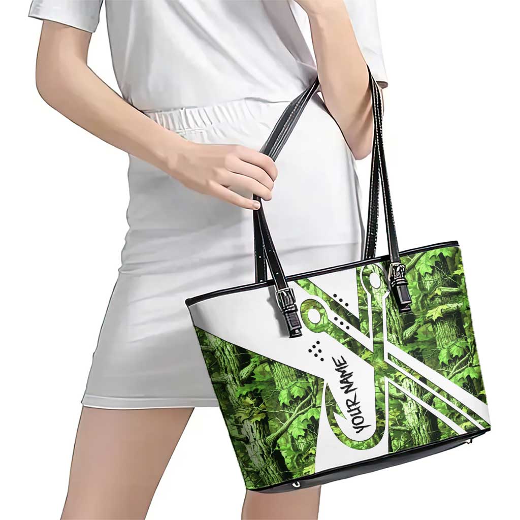 Custom Fishing Hook Leather Tote Bag with Green Jungle Leaf Pattern and White Split Design - Wonder Print Shop