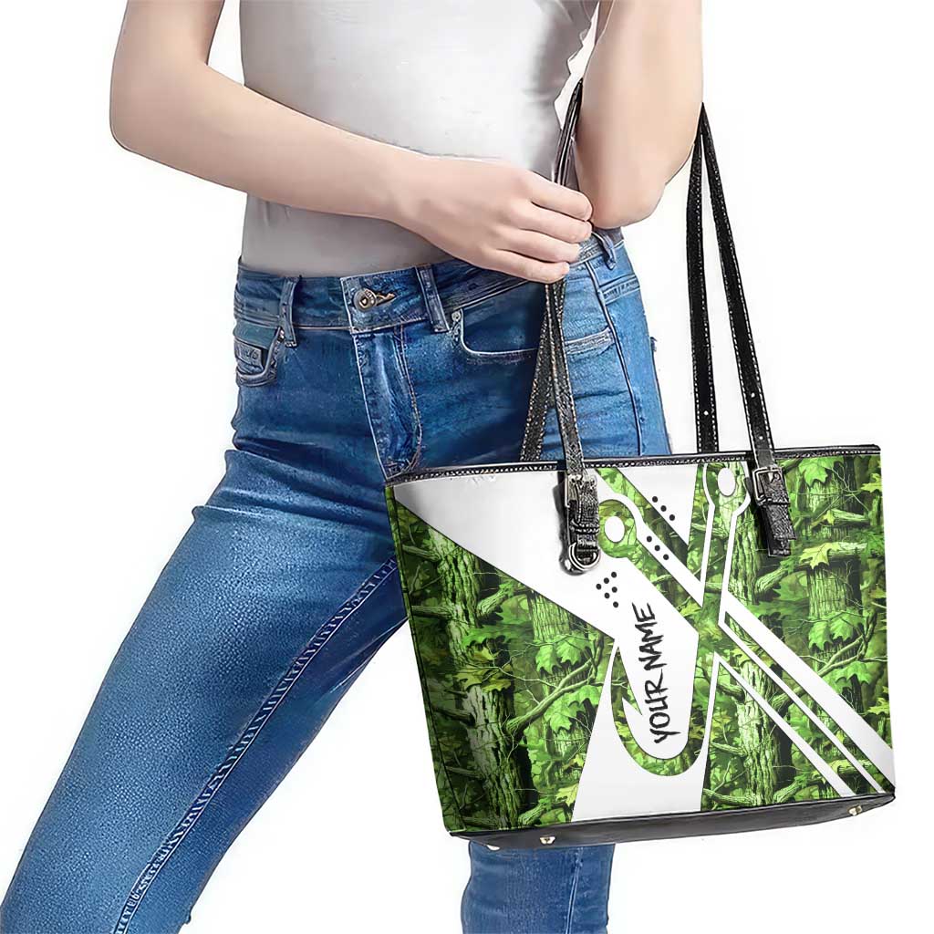 Custom Fishing Hook Leather Tote Bag with Green Jungle Leaf Pattern and White Split Design - Wonder Print Shop