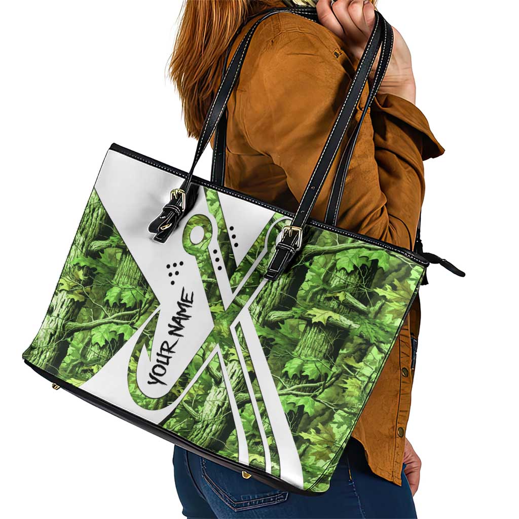 Custom Fishing Hook Leather Tote Bag with Green Jungle Leaf Pattern and White Split Design - Wonder Print Shop