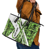 Custom Fishing Hook Leather Tote Bag with Green Jungle Leaf Pattern and White Split Design - Wonder Print Shop