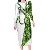 Custom Fishing Hook Long Sleeve Bodycon Dress with Green Jungle Leaf Pattern and White Split Design - Wonder Print Shop